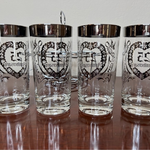 Vintage 25th Anniversay Silver Tone Tumbler & Coasters Set & Caddy 9 Piece Set - Picture 7 of 16